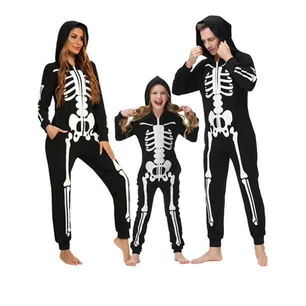 JBEELATE Matching Family Pajamas One-Piece Hooded Halloween Skeleton Pajamas Set | Walmart (US)