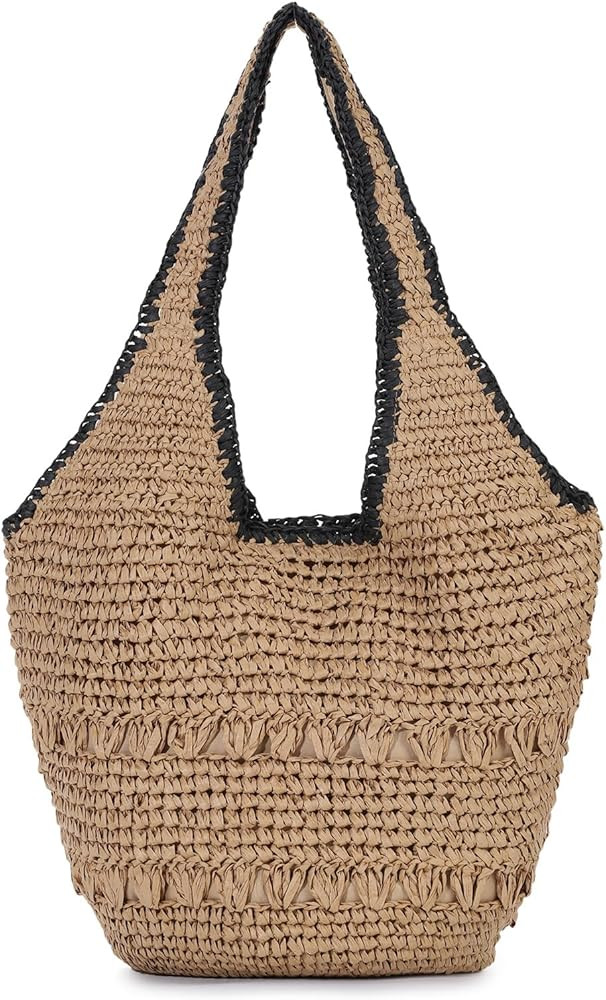 EVEOUT Women Straw Tote Bag Summer Boho Woven Beach Purse with Contrast Trim Faux Raffia Shoulder... | Amazon (UK)