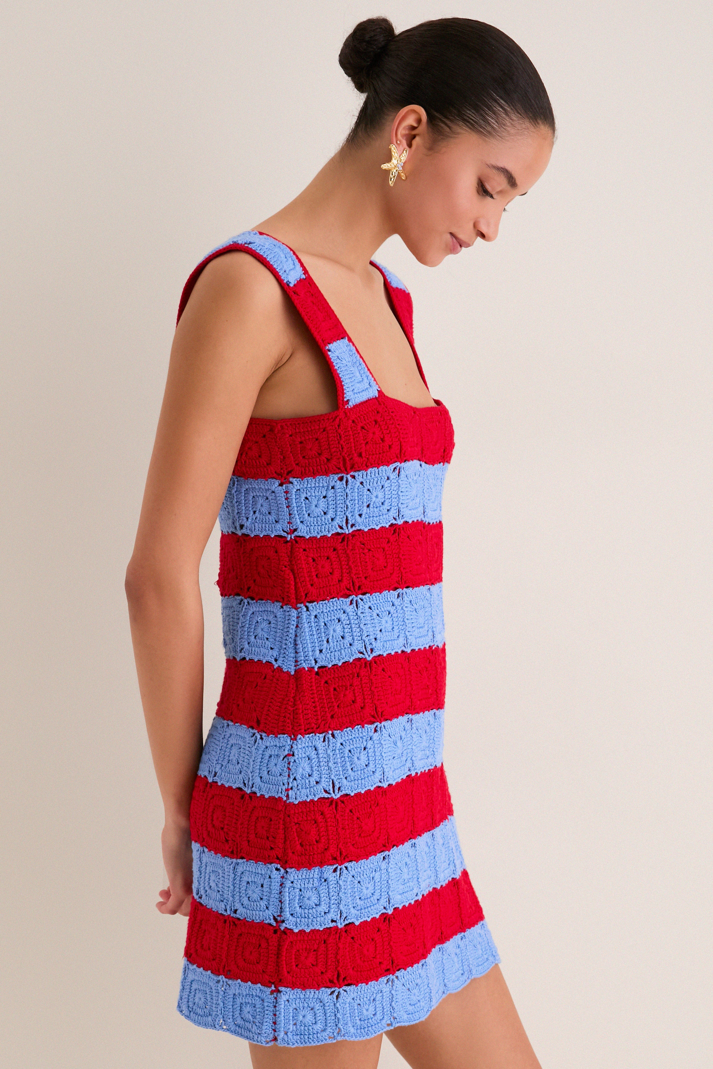 Cornflower Blue & Red Crochet Cooper Mini Dress | Tuckernuck (US)