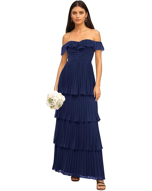 VGZ Off the Shoulder Tiered Bridesmaid Dresses Chiffon Ruched Formal Evening Dress Long Prom Gown | Amazon (US)