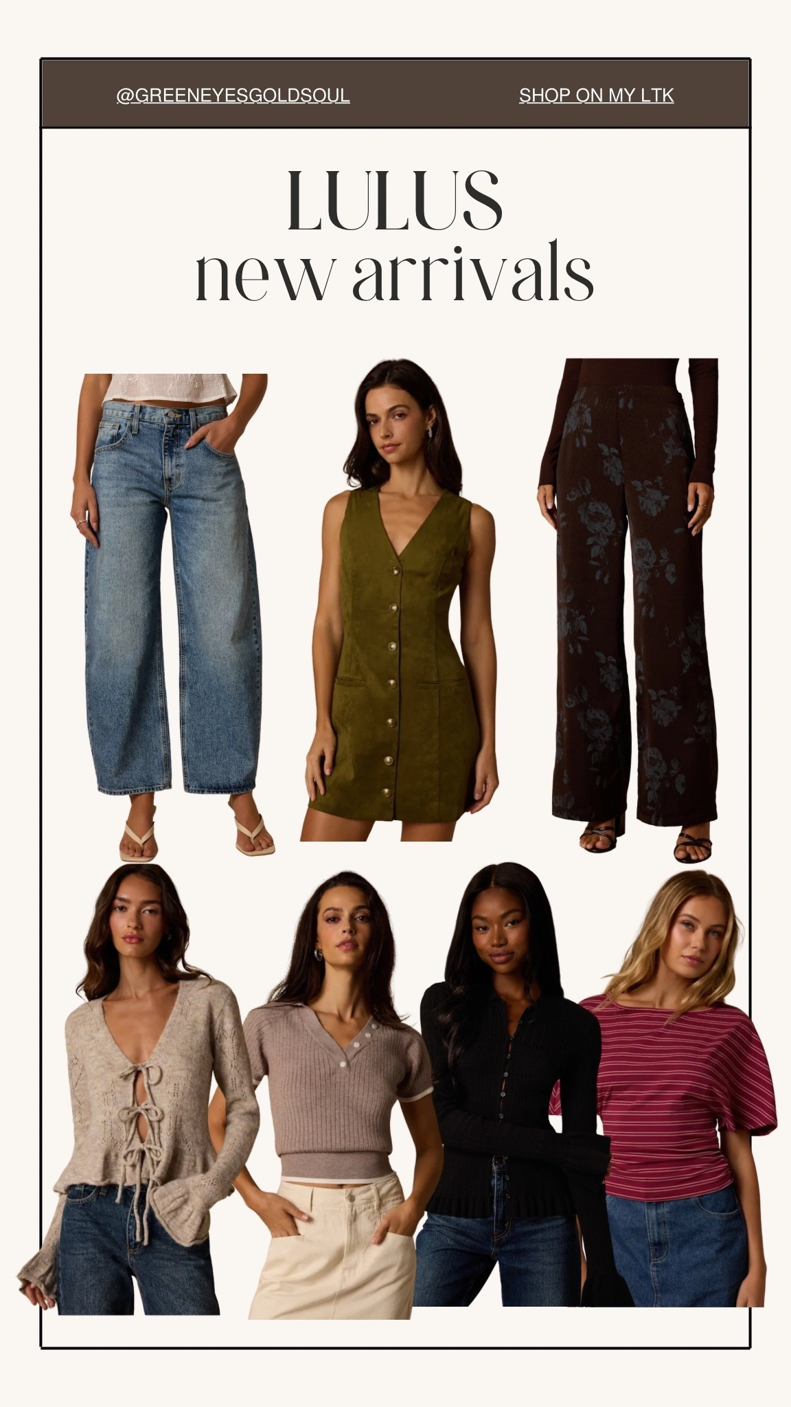 Lulus fall new arrivals 🤎 So many good transitional pieces right now with rich fall colors, relaxed denim, feminine knits and prints that make it easy to start dressing for the new season.

Lulus fall new arrivals, Lulus new arrivals, Lulus fall 2026, Fall fashion 2026, Fall outfit ideas, Fall wardrobe, Transitional fall outfits, Early fall outfits, Fall tops, Fall denim, Wide leg jeans, Barrel jeans, Floral pants, Fall knit tops, Cardigan tops, Olive green dress, Chocolate brown outfit, Burgundy fall outfit, Neutral fall outfits, Casual fall style, Affordable fall fashion, Fall date night outfit

#Lulus #LulusFashion #LulusNewArrivals #FallFashion #FallFashion2026 #FallStyle #FallOutfits #FallOutfitIdeas #FallWardrobe #EarlyFallStyle #TransitionalStyle #TransitionalOutfits #CasualFallStyle #NeutralStyle #NeutralOutfits #AffordableFashion #WomensFashion #EverydayStyle #FallTrends #AutumnStyle #DenimStyle #FallDenim #FallTops #FallKnits #CapsuleWardrobe #Over40Style #FashionOver40 #LTKSeasonal #LTKootd #LTKOver40

#LTKootd #LTKSeasonal #LTKOver40