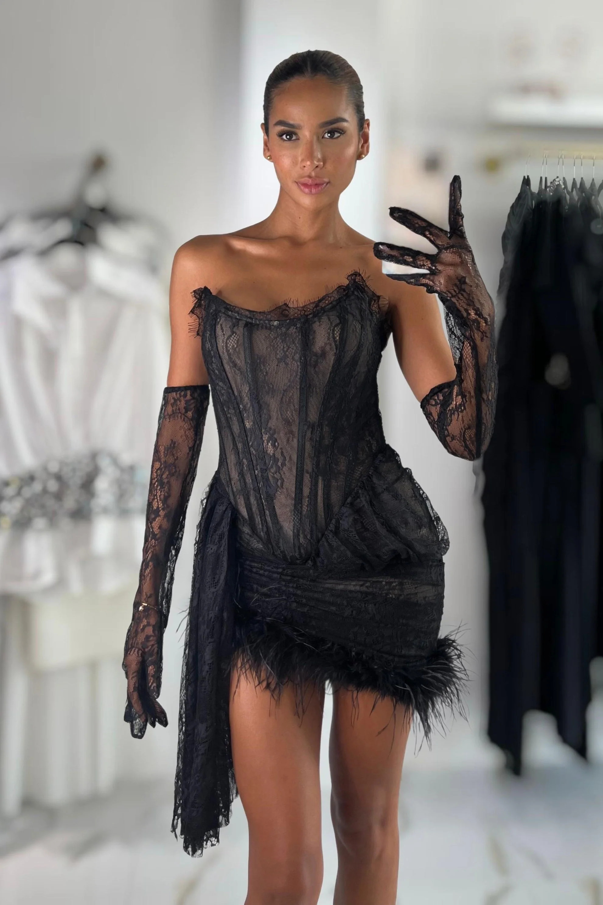 Jessica Bara Thaline Lace Corset Mini Dress With Gloves | JESSICA BARA