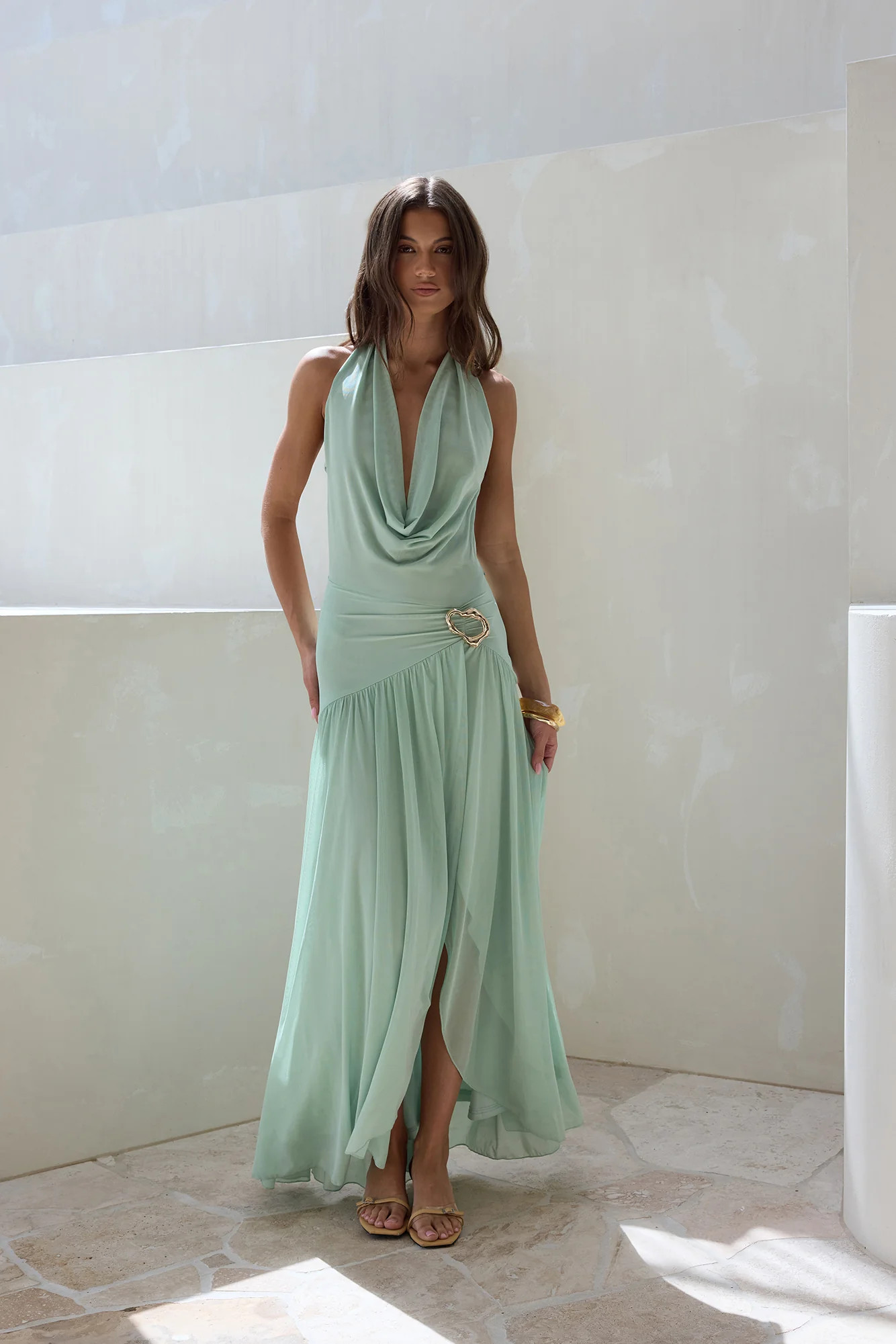 Floating Clouds Halter Mesh Maxi Dress Sage | Fortunate One