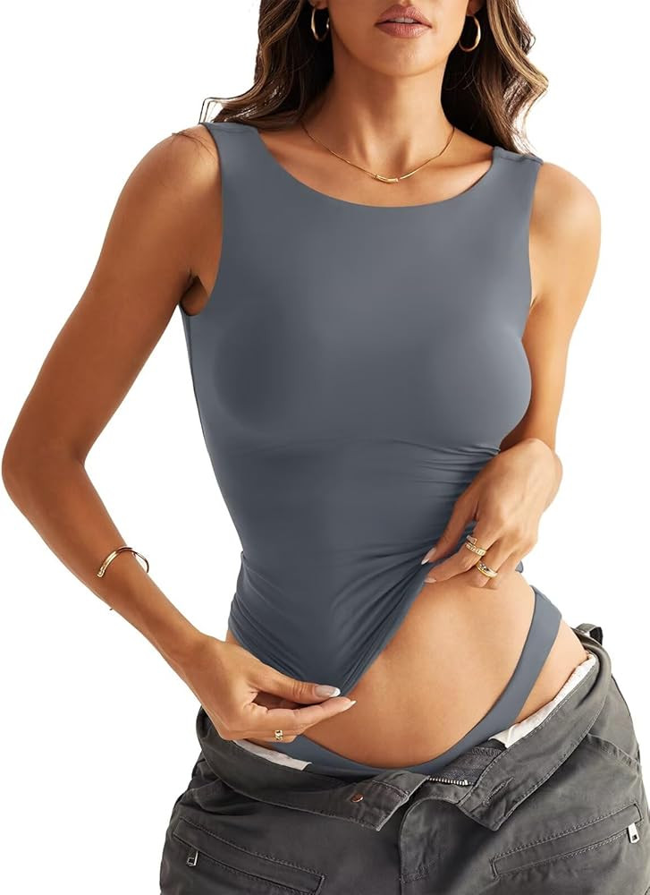 Women Sleeveless Boat Neck Tops Double Lined Backless Tank Tops Basic Fitted T Shirts 2025 | Amazon (US)