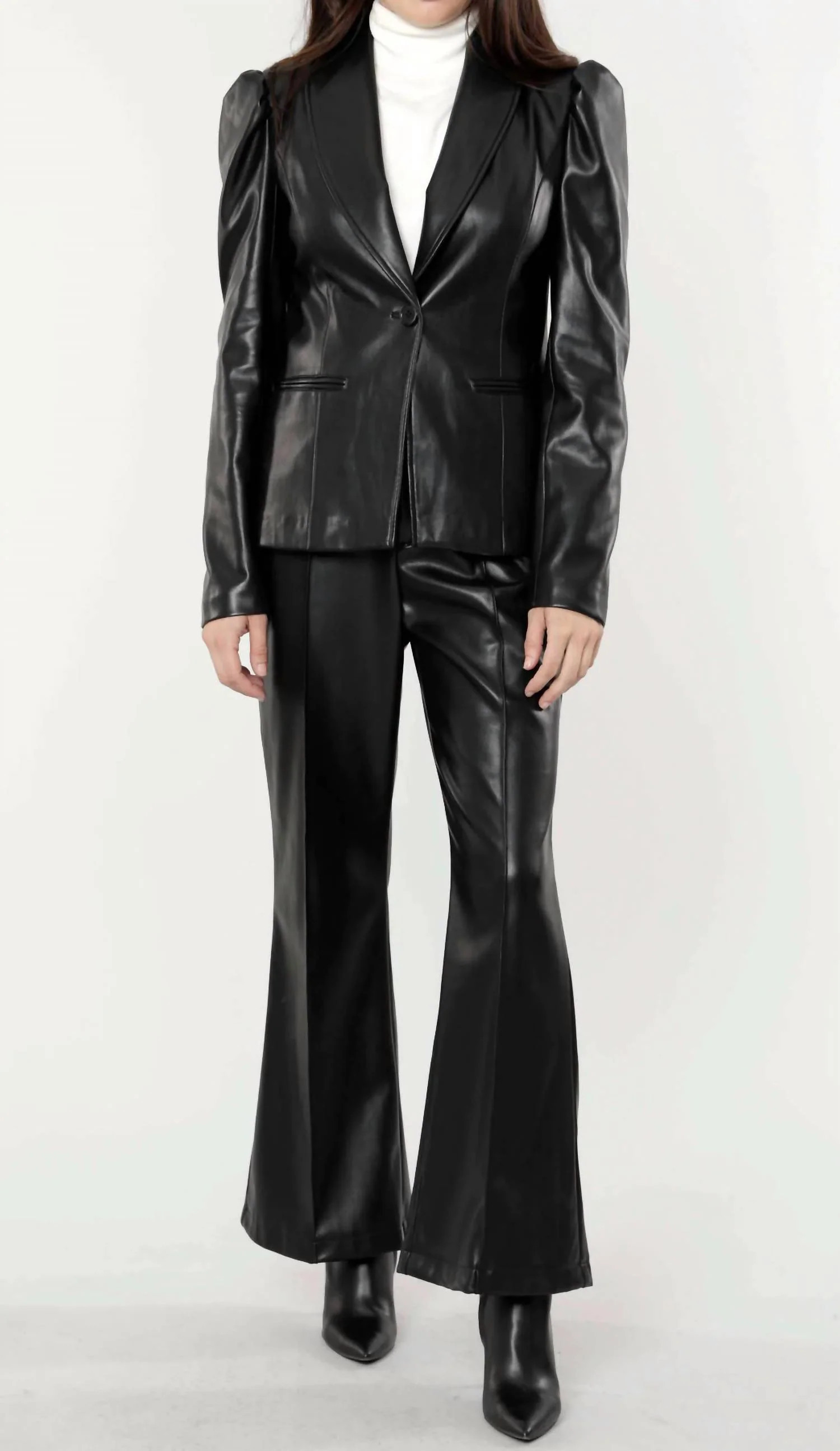 Puff Shoulder Vegan Leather Blazer In Black | Shop Simon