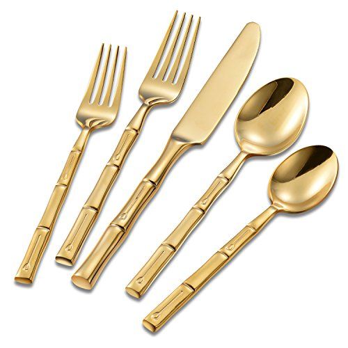 Flatasy Flatware Set Gold Silverware Set with Bamboo Pattern Mirror Polished 20 Pieces Cutlery Se... | Amazon (US)