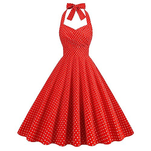 1950s Dress for Women Pinup 50s Red Polka Dot Dress 1940s Rockabilly Dress for Women Halter Bowknot 50's Dresses for Women Vintage Dress for Women 1950s Audrey Hepburn Dress with Pockets Red-Ruched M | Amazon (US)