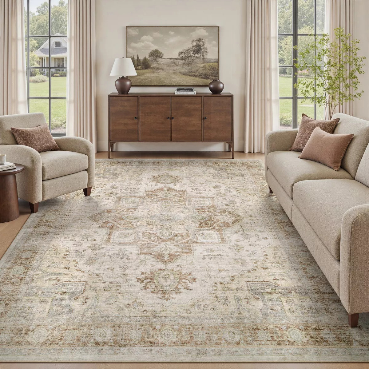 MontVoo Machine Washable Oriental Floral Area Rug Brown  5'x7' | Target