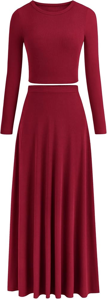PRETTYGARDEN Women's 2 Piece Outfits Dressy Casual Ribbed Knit Long Sleeve Crop Tops Maxi Flowy S... | Amazon (US)