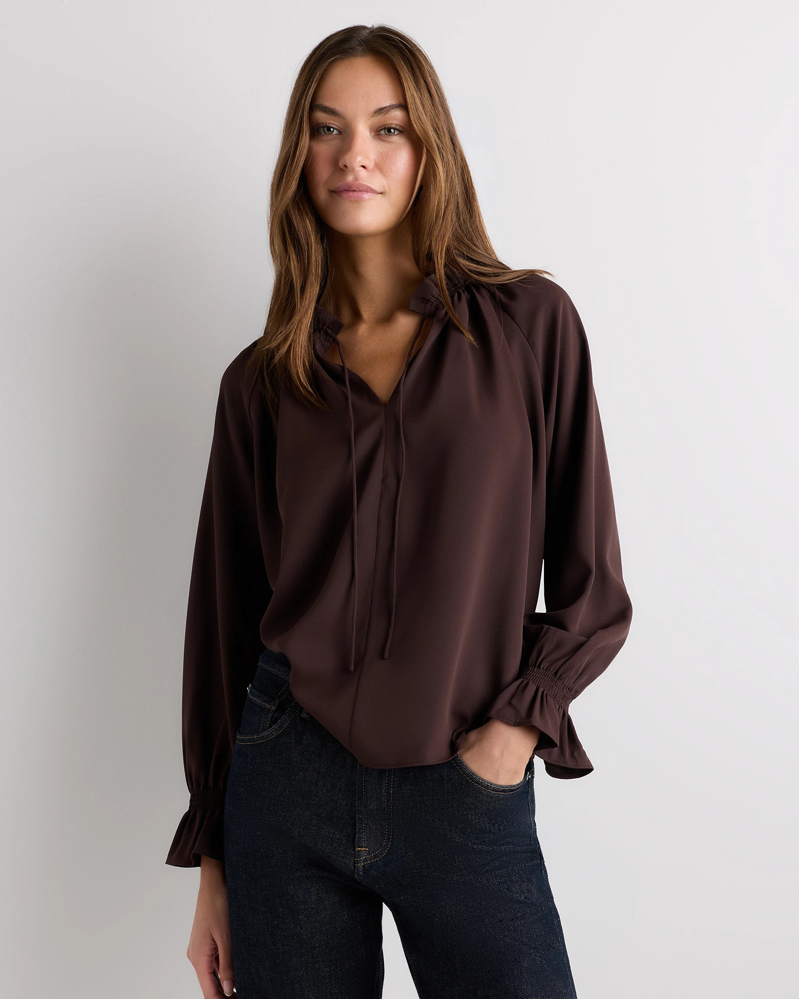 Quince | Women's Drapey Chiffon Split Neck Long Sleeve Blouse in True Black, Size Medium, Recycled Polyester | Quince