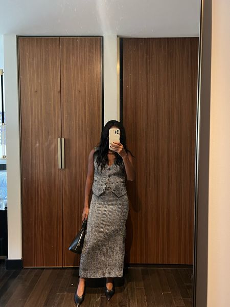 Black and white chevron skirt and vest set. Size up on skirt, and I'm wearing size M vest. Anine Bing pointed toe heels, lightweight silver earrings 

#LTKCon #LTKstyletip #LTKshoecrush