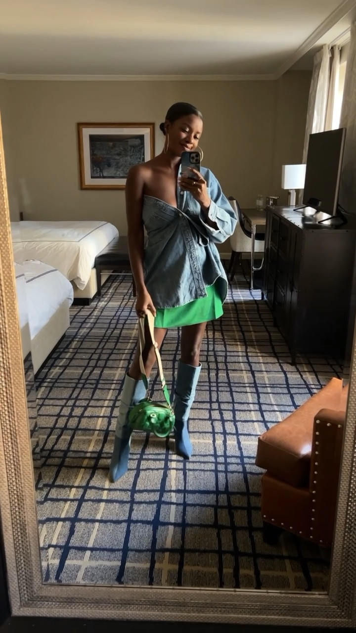 My outfit for day 2 of LTK con in motion. Oversized denim shirt, green shift skirt, denim boots and green Gucci purse. I’m wearing a small top, small skirt and 8.5 in boots  


#LTKCon #LTKstyletip #LTKshoecrush