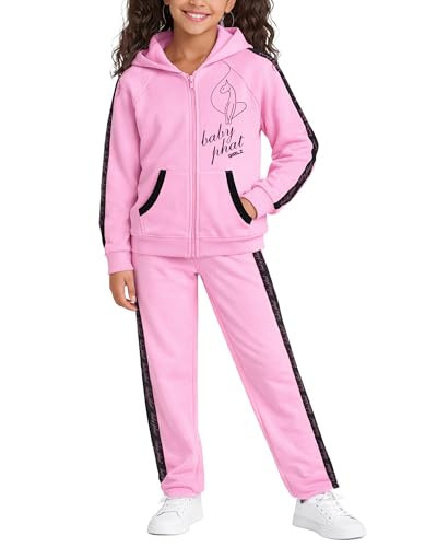 Baby Phat Girls Sweatsuit Set - 2 Piece Athletic Performance Soft Fleece Zip Up Hoodie Sweatshirt and Sweatpants for Girls, Size 14-16, Pink Cat/Pink | Amazon (US)