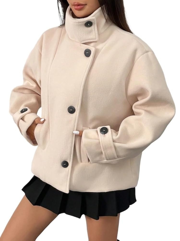 Womens Elegant Coat Stand Collar Front Button Long Sleeve Jacket Winter Clothes | Amazon (US)