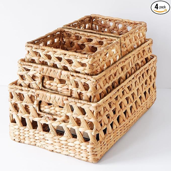 Large Wicker Baskets for Shelf, Set of 4 Pantry Storage Baskets, Heavy Duty 17.3 x 11.4 x 7.1 Hya... | Amazon (US)