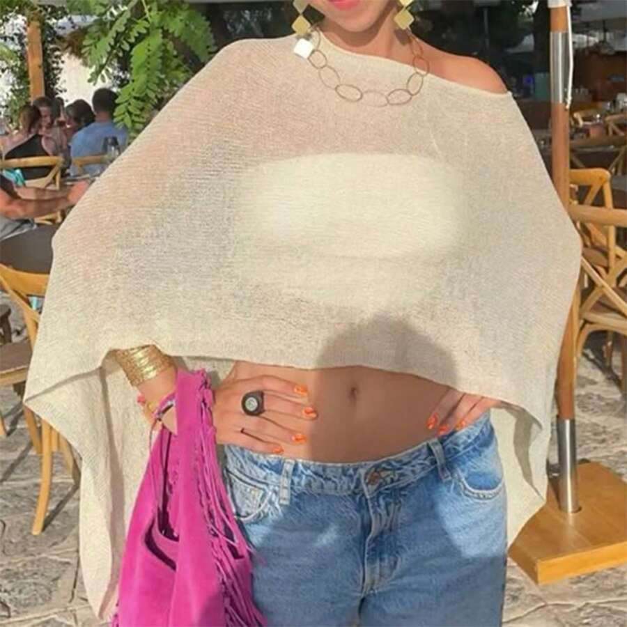 Summer Irregular Knitted Cover-Ups Crop Tops Mesh Poncho Womens Sheer Poncho Shrug Bolero Lightwe... | SHEIN