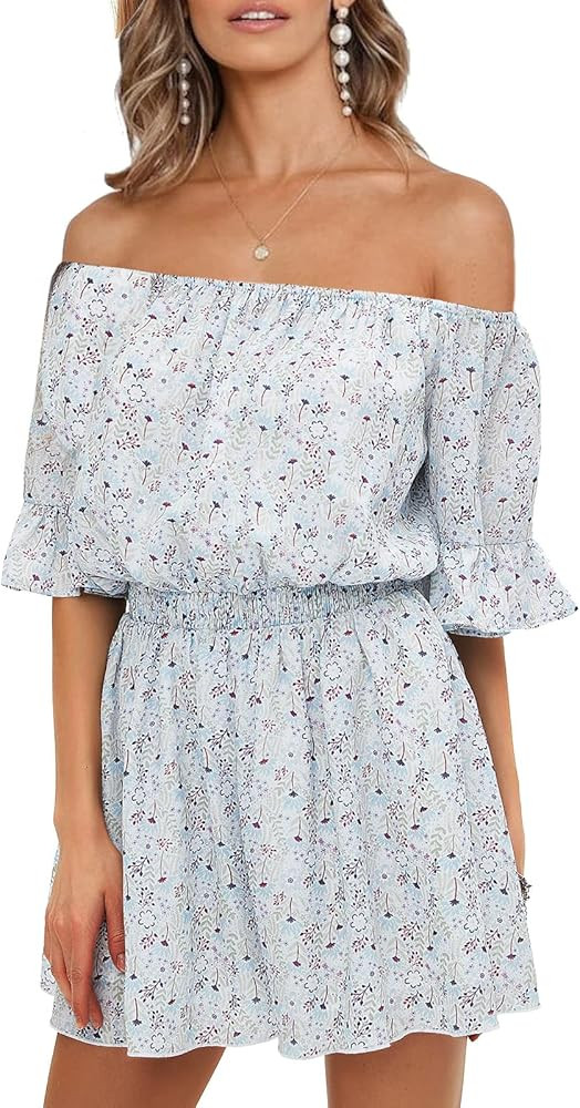 EXLURA Women's Summer Floral Romper Dress Off Shoulder Ruffle Elastic Wasit Wide Leg Shorts Jumps... | Amazon (US)