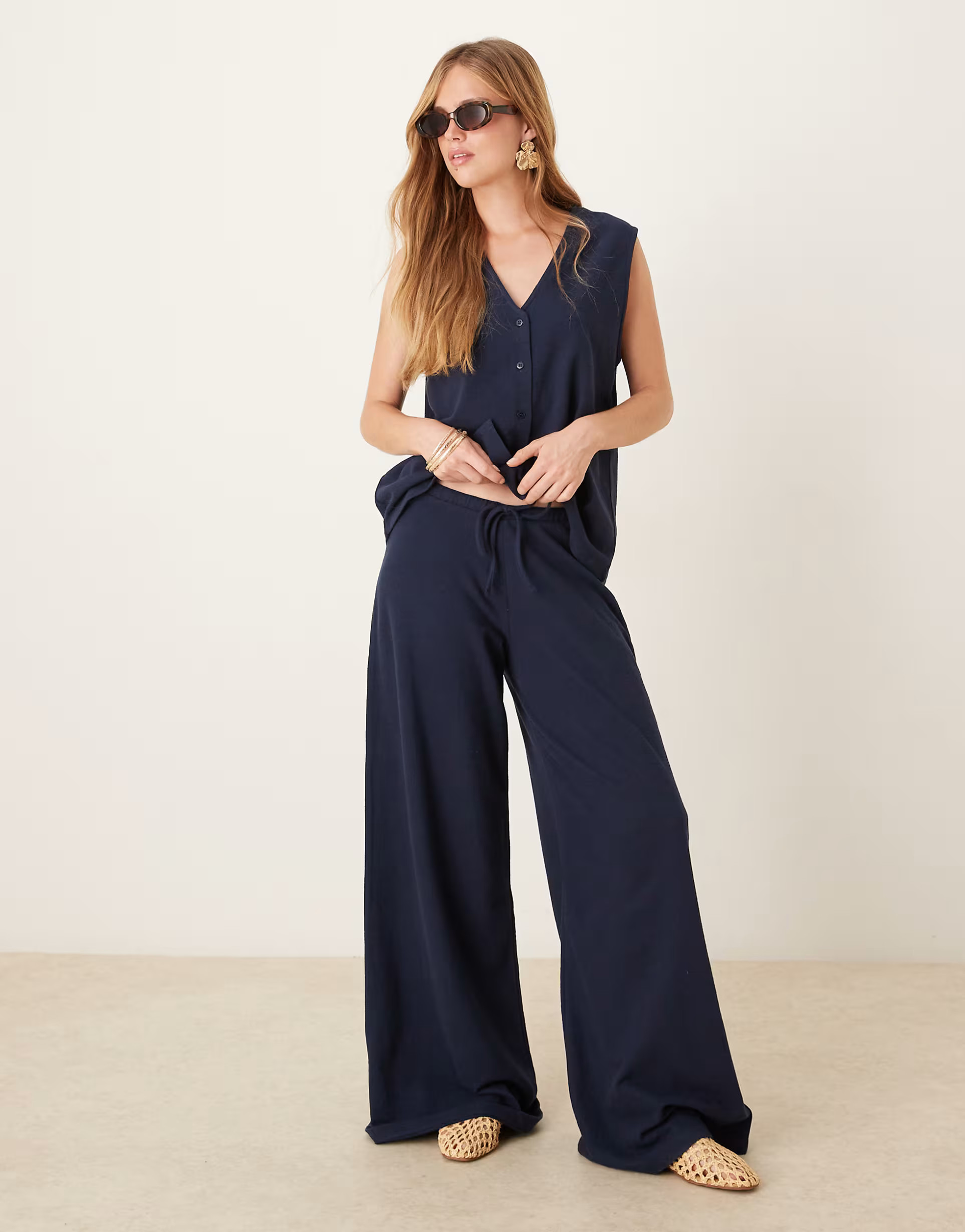 ASOS DESIGN textured knit wide leg co-ord trouser in navy | ASOS | ASOS (Global)