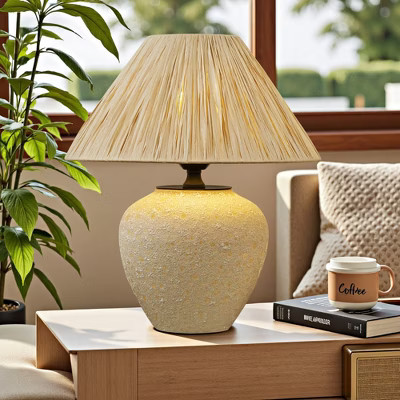 POWLIG Natural Textured Ceramic Table Lamp - Paper Raffia Shade for Cozy Bedroom or Home Office Lighting | Target