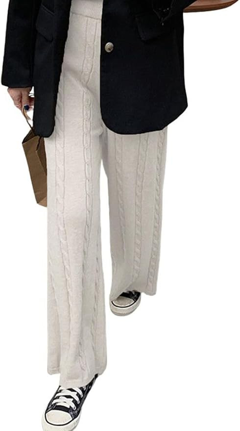 utcoco Womens Winter Cable Knit Pants Casual Loose High Waisted Wide Leg Lounge Pants Trousers | Amazon (US)