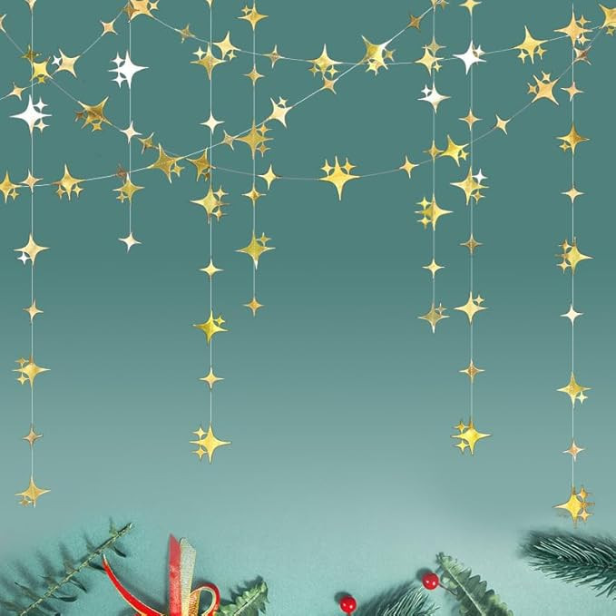 Glitter Gold Four-Angle Star Paper Garland Banner Décor 40 Feet Gold Twinkle Star Hanging Buntin... | Amazon (US)