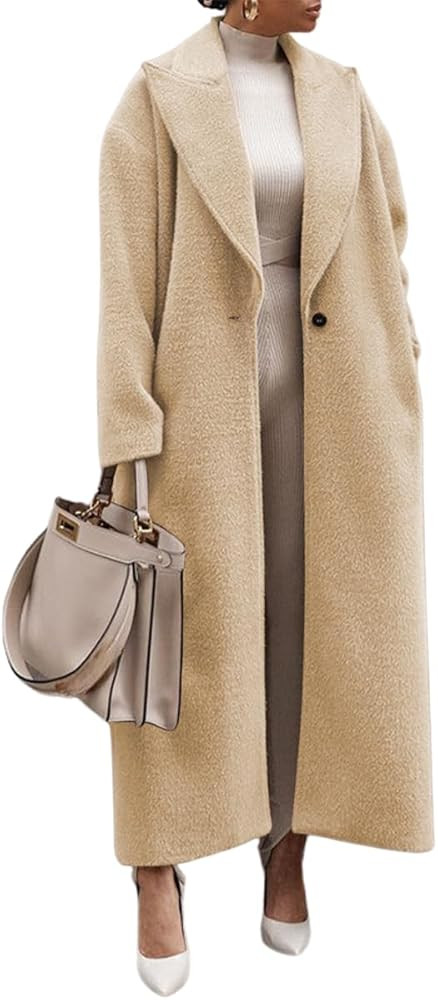 Women's Notch Lapel Single Breasted Pea Coats Wool Blend Maxi Trench Coat Long Sleeve Open Front ... | Amazon (US)