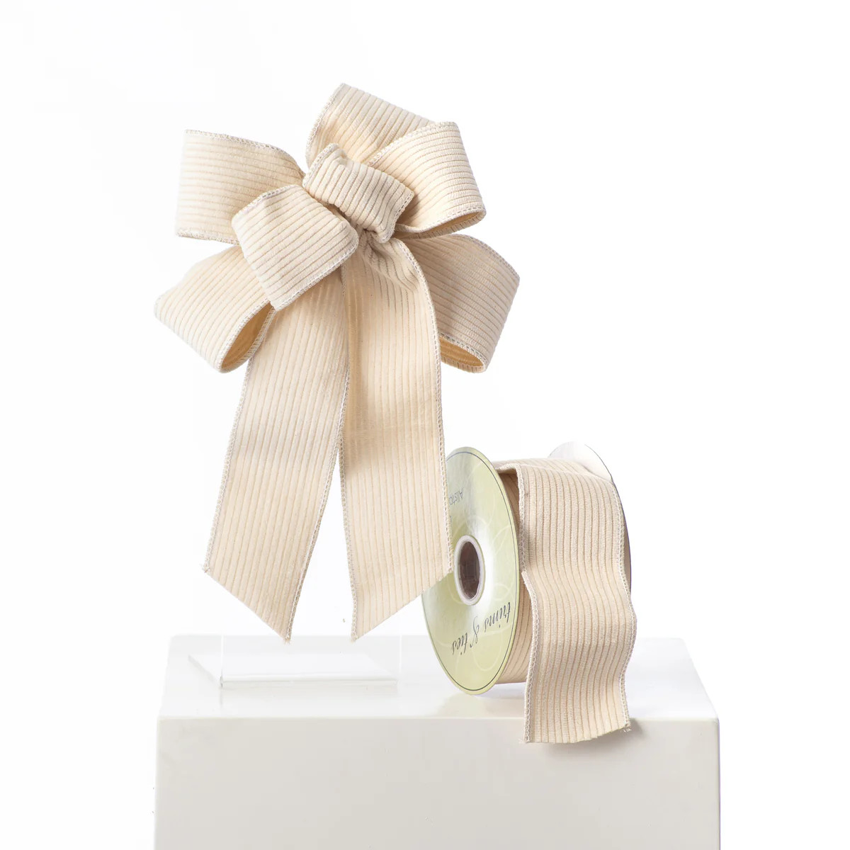 Lux Cream Corduroy Wired Drape Loop Bow & Spool | Darby Creek Trading