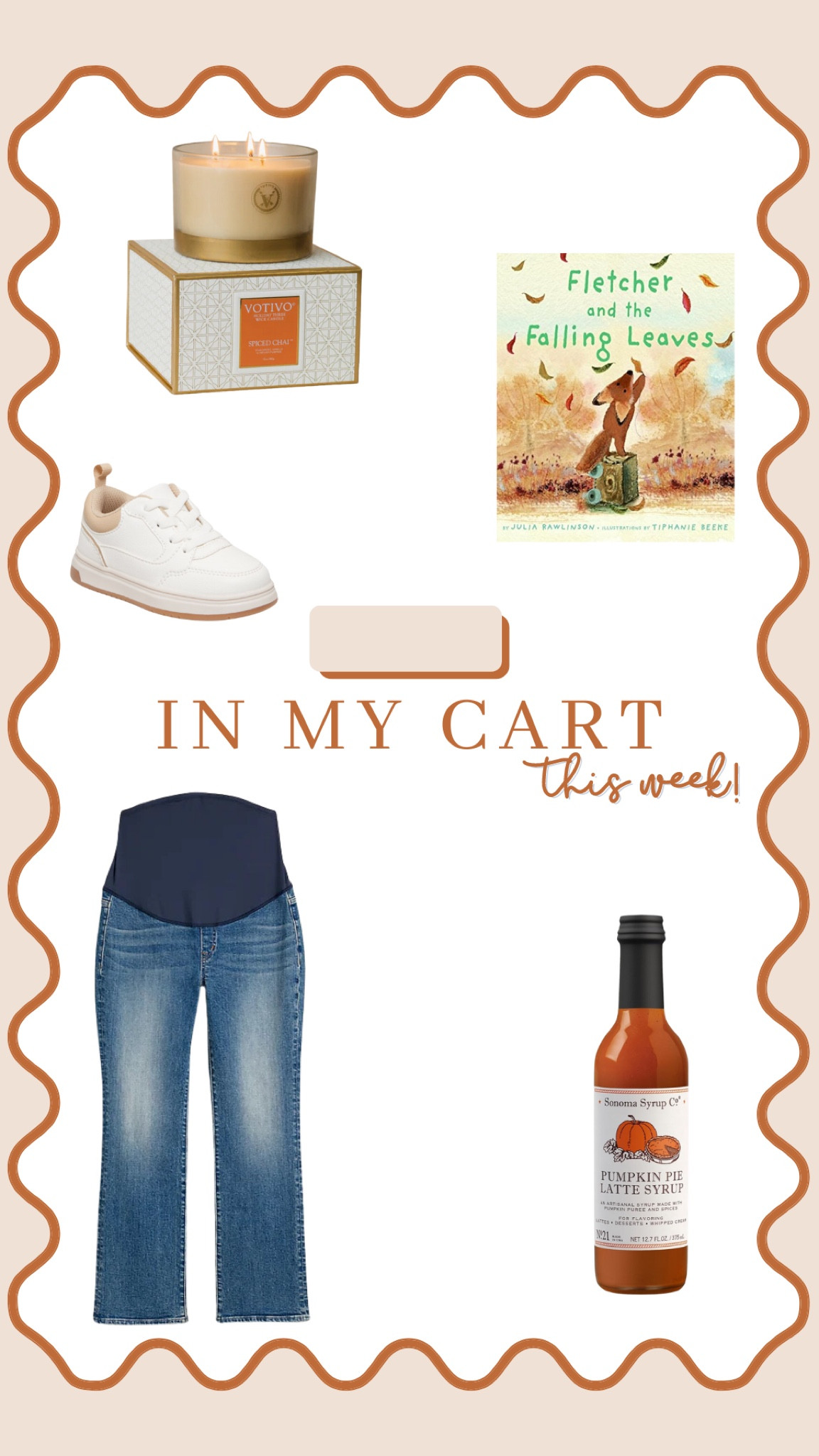 In my cart this week - maternity jeans from Madewell, the yummiest fall candle scent, a cute new book for Maddox, affordable toddler kicks, and a new syrup to make pumpkin flavored lattes at home! 

#LTKSeasonal #LTKFindsUnder100 #LTKFamily