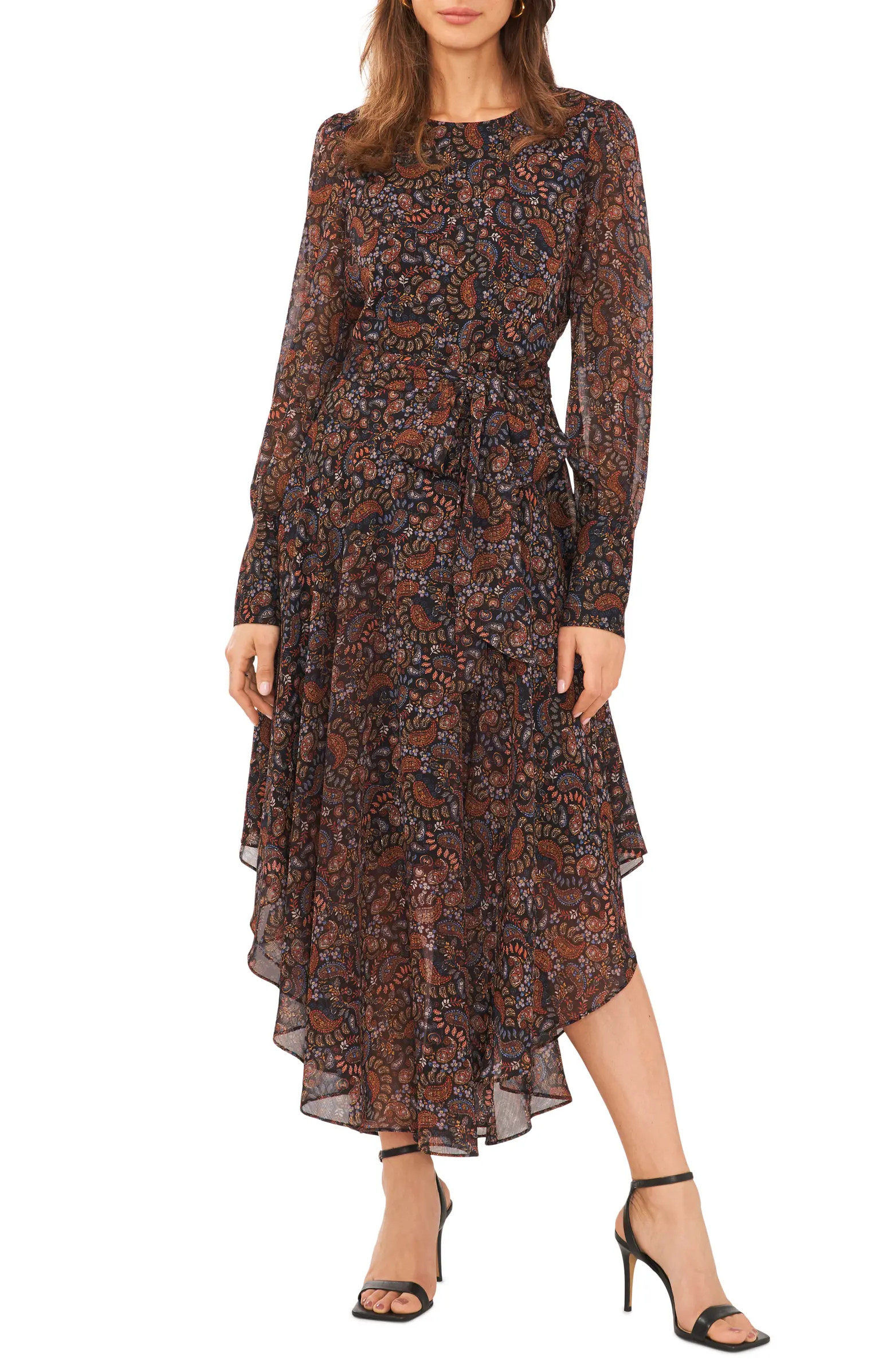 Print Tie Waist Long Sleeve Maxi Dress | Nordstrom