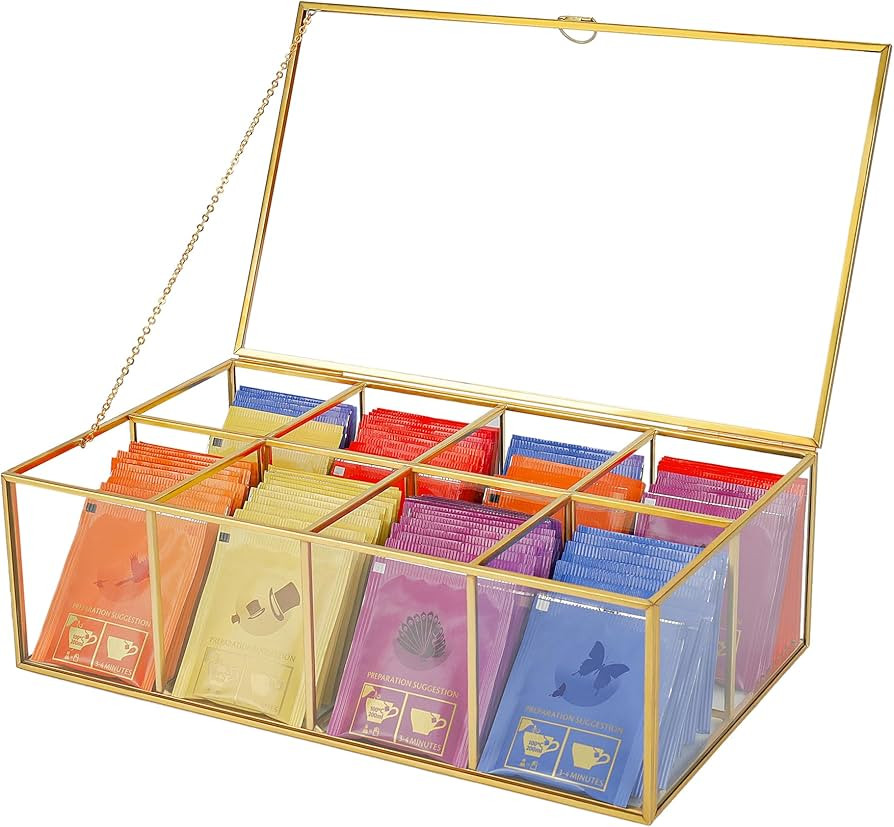 Glass Tea Bag Organizer with 8 Compartments, Handmade Large Tea Bag Storage Box for Counter Kitch... | Amazon (US)