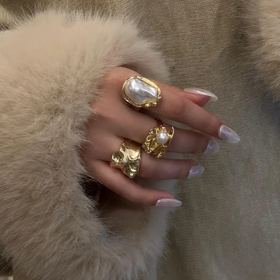 6 Styles！Geometric Baroque Pearl Ring Set-Liquid Metal Adjustable Stacking Rings-Winter Jewelry... | Etsy (US)