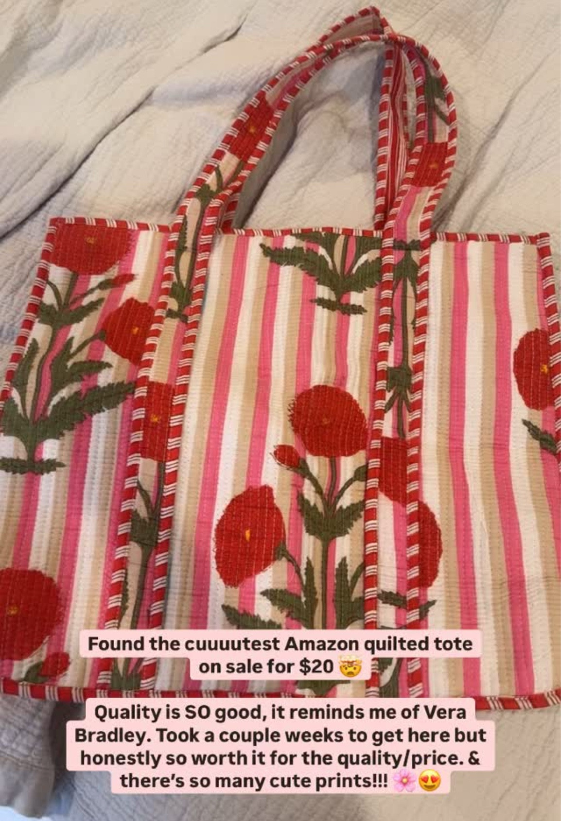 Found the cuuuutest Amazon quilted tote 
on sale for $20 🤯 

Quality is SO good, it reminds me of Vera Bradley. Took a couple weeks to get here but honestly so worth it for the quality/price. & there’s so many cute prints!!! 🌸💖



#LTKFindsUnder50 #LTKItBag #LTKSaleAlert