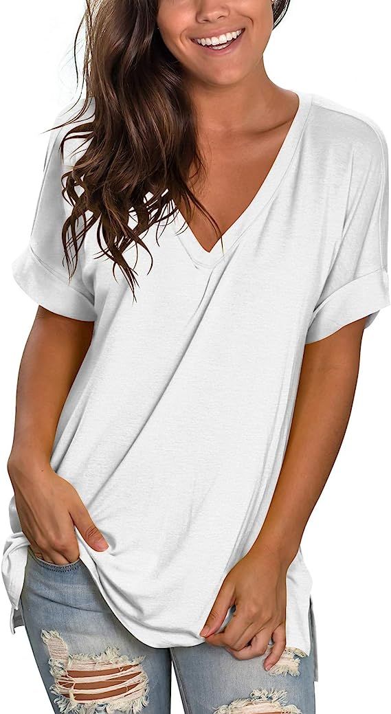deqiang Women's V Neck T Shirts Short Sleeve Side Split Summer Casual Tops | Amazon (US)