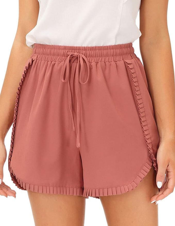 GRACE KARIN Womens Summer Ruffle Drawstring Shorts Elastic Waist Beach Lounge Shorts | Amazon (US)