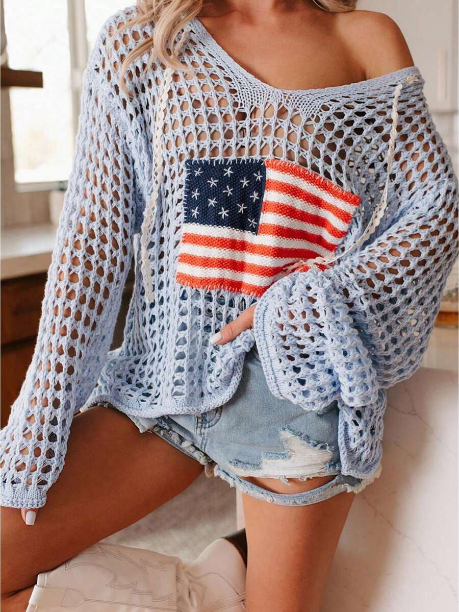 LocalWomen's American Flag Crochet Mesh Sweater Loose Fit Open Knit Long Sleeve Top Patriotic Fla... | SHEIN
