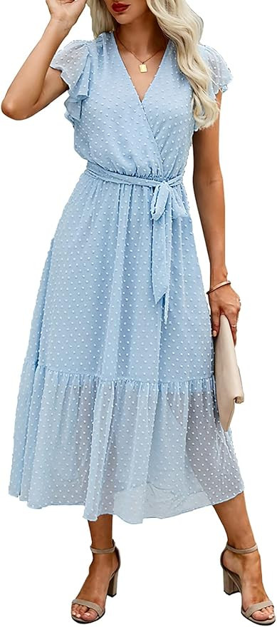 BTFBM Women Summer Bohemian Floral Casual Wrap V Neck Ruffle Cap Sleeveless Belt A-Line Pleated H... | Amazon (US)