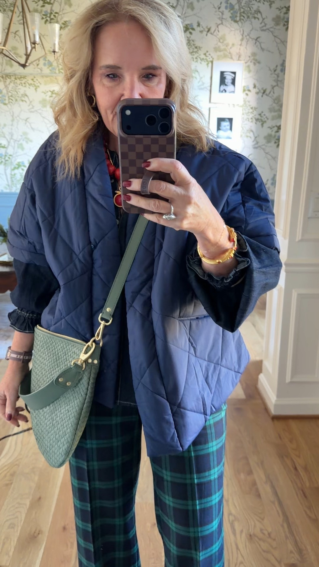 Vest size medium
Denim shirt size medium you could probably size down
Pants size 8 petite true to size
This quince bag in green has been restocked!
Holiday outfit plaid pants, brunch outfit

#LTKOver40 #LTKootd #LTKHoliday