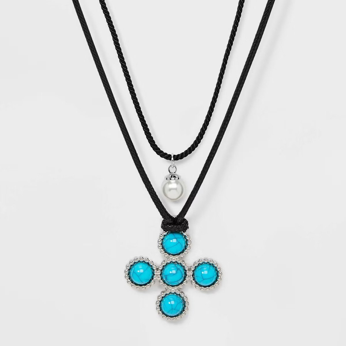 Corded Cross and Pearl Pendant Necklace Set 2pc - Wild Fable™ Black/Turquoise | Target