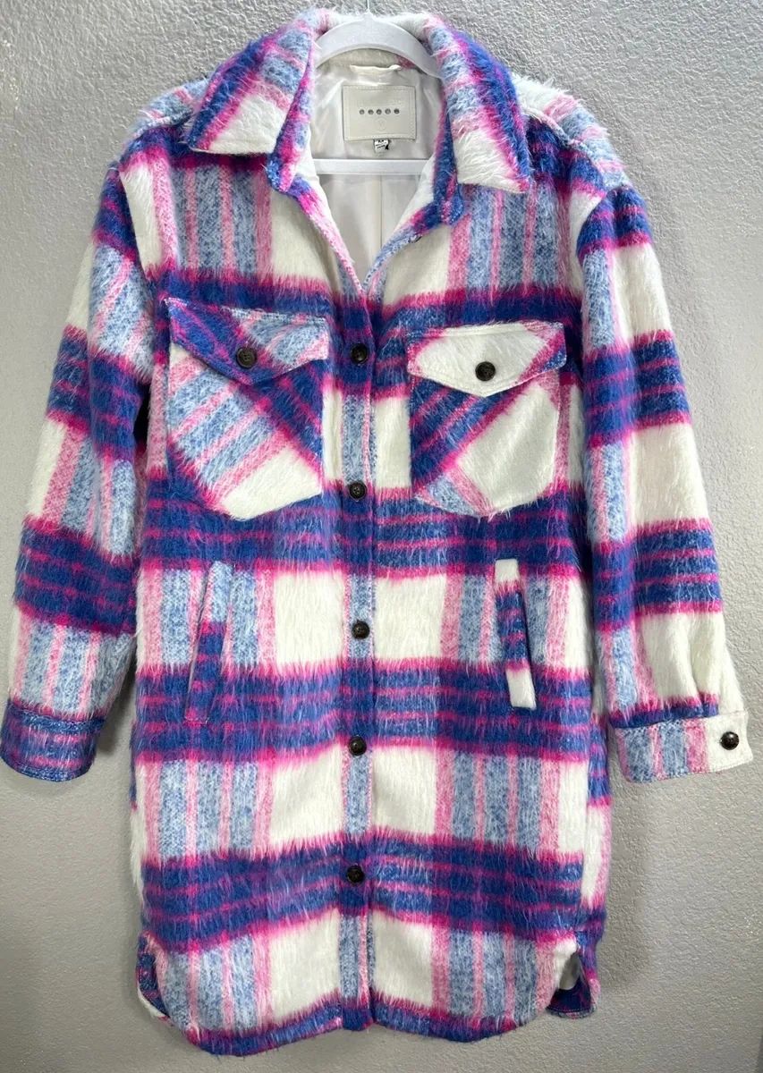 Blank NYC Purple White Plaid Fuzzy Midi Jacket Coat Oversized Outdoor Lined Sz M  | eBay | eBay US