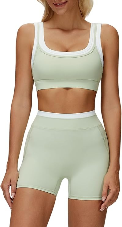Women 2 Piece Workout Sets Padded Color Block Sports Bras High Waist Tummy Control Shorts Yoga Ou... | Amazon (US)