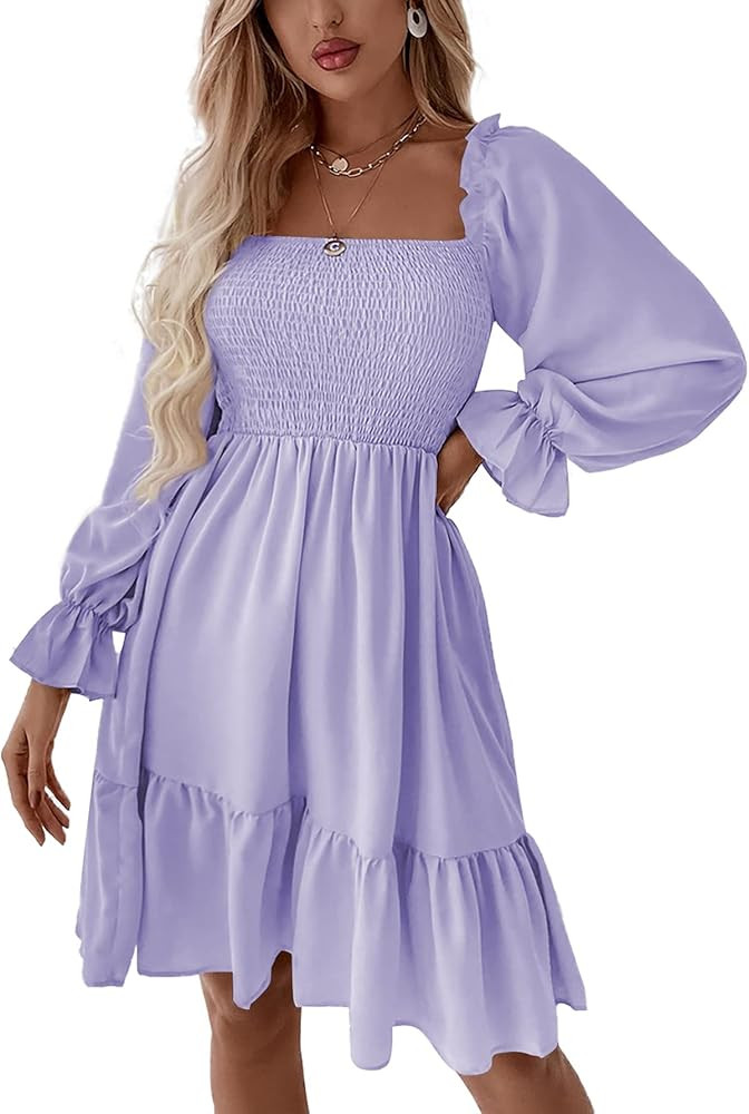 LYANER Women's Square Neck Lantern Long Sleeve Ruffle Shirred Flowy Party Mini Dress | Amazon (US)