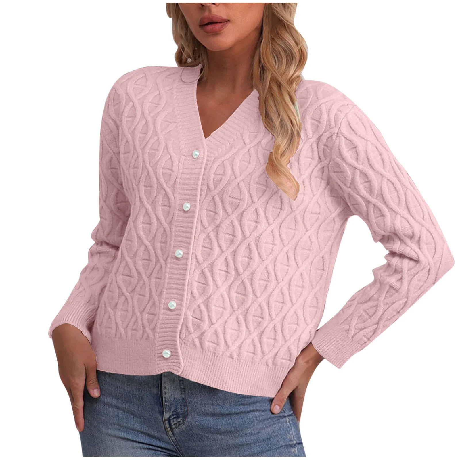 Generic Women's Short Cardigan Sweaters Pearl Button Down Long Sleeve V-Neck Cable Knit Lightweig... | Walmart (US)