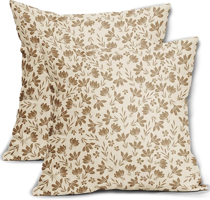 Brown Floral Pillow Covers 18x18 Set of 2 Vintage Rustic Old Style Cute Small Flower Brown Cream ... | Amazon (US)