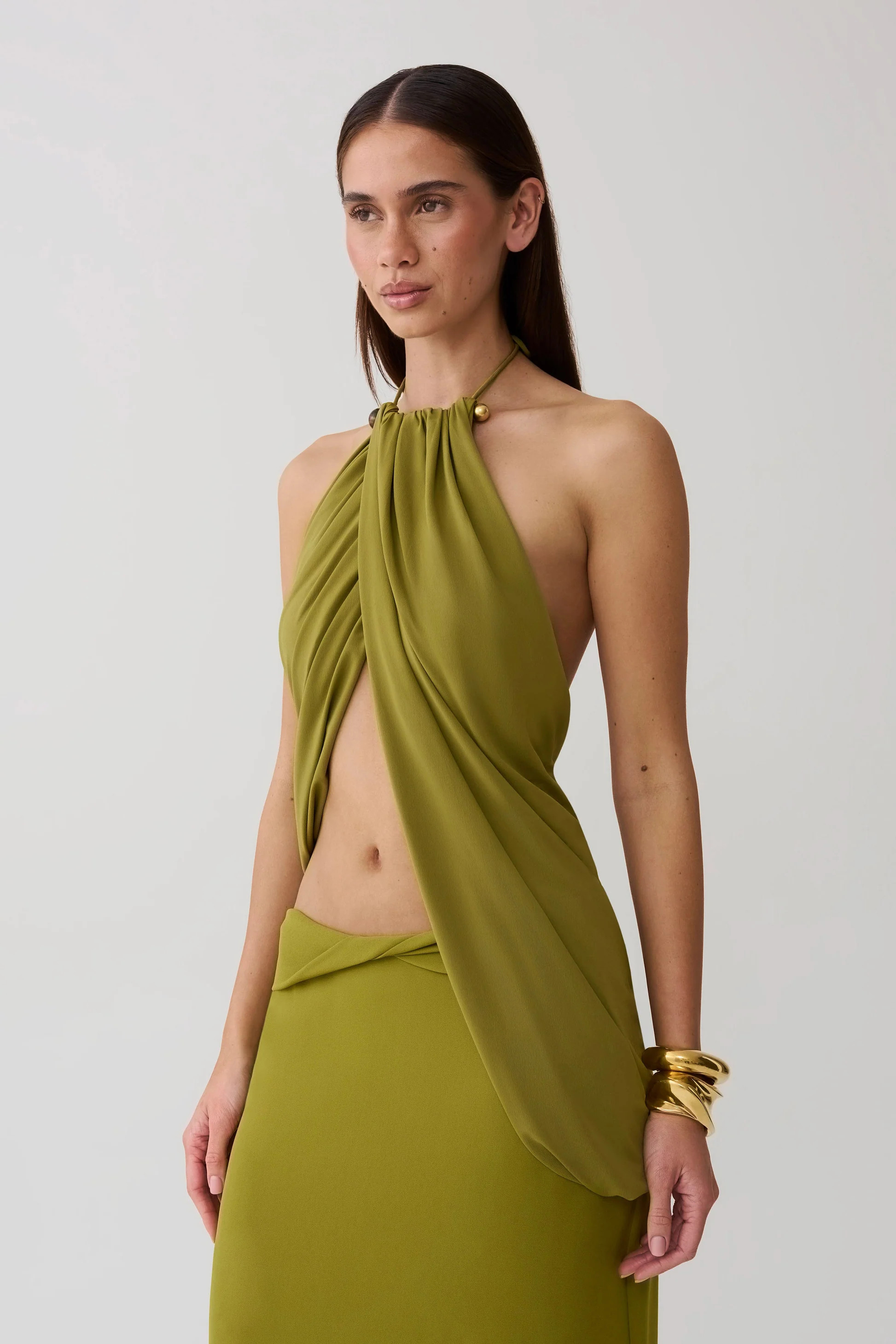 Yuna Draped Hardware Top - Martini Olive | MESHKI US