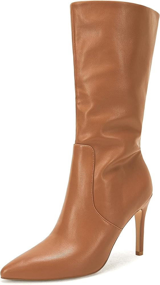 Coutgo Womens Mid Calf Boots Stiletto High Heels Closed Pointed Toe Side Zipper Faux Leather Fall... | Amazon (US)