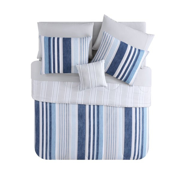 VCNY 6-8 Piece Striped Soft Washed Reversible Bed in a Bag with Sheets and Décor Pillow , Navy, ... | Walmart (US)