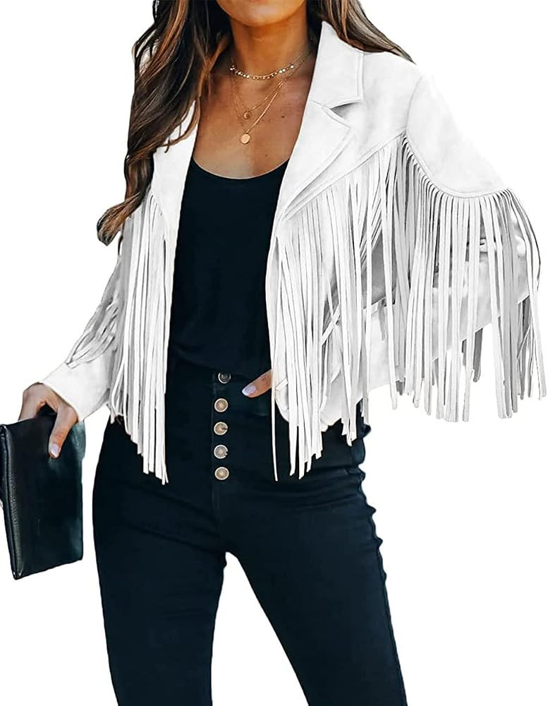 ebossy Women's Suede Fringe Jacket Long Sleeve Slim Faux Leather Boyfriend Cropped Top with Tassl... | Amazon (US)