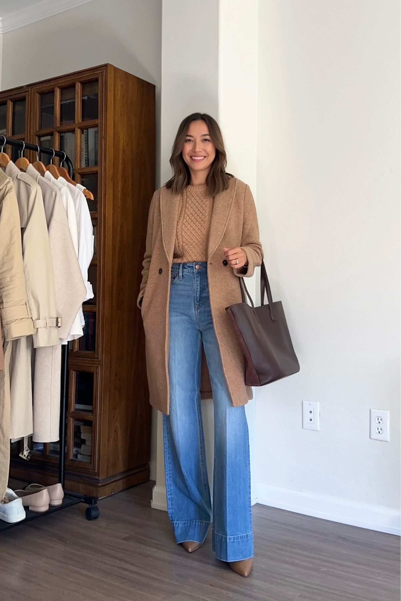 Outfit for fall! 

Wool coat 
Cable-knit crewneck sweater 
Denim trousers 
Tote 

#LTKstyletip #LTKSeasonal #LTKworkwear