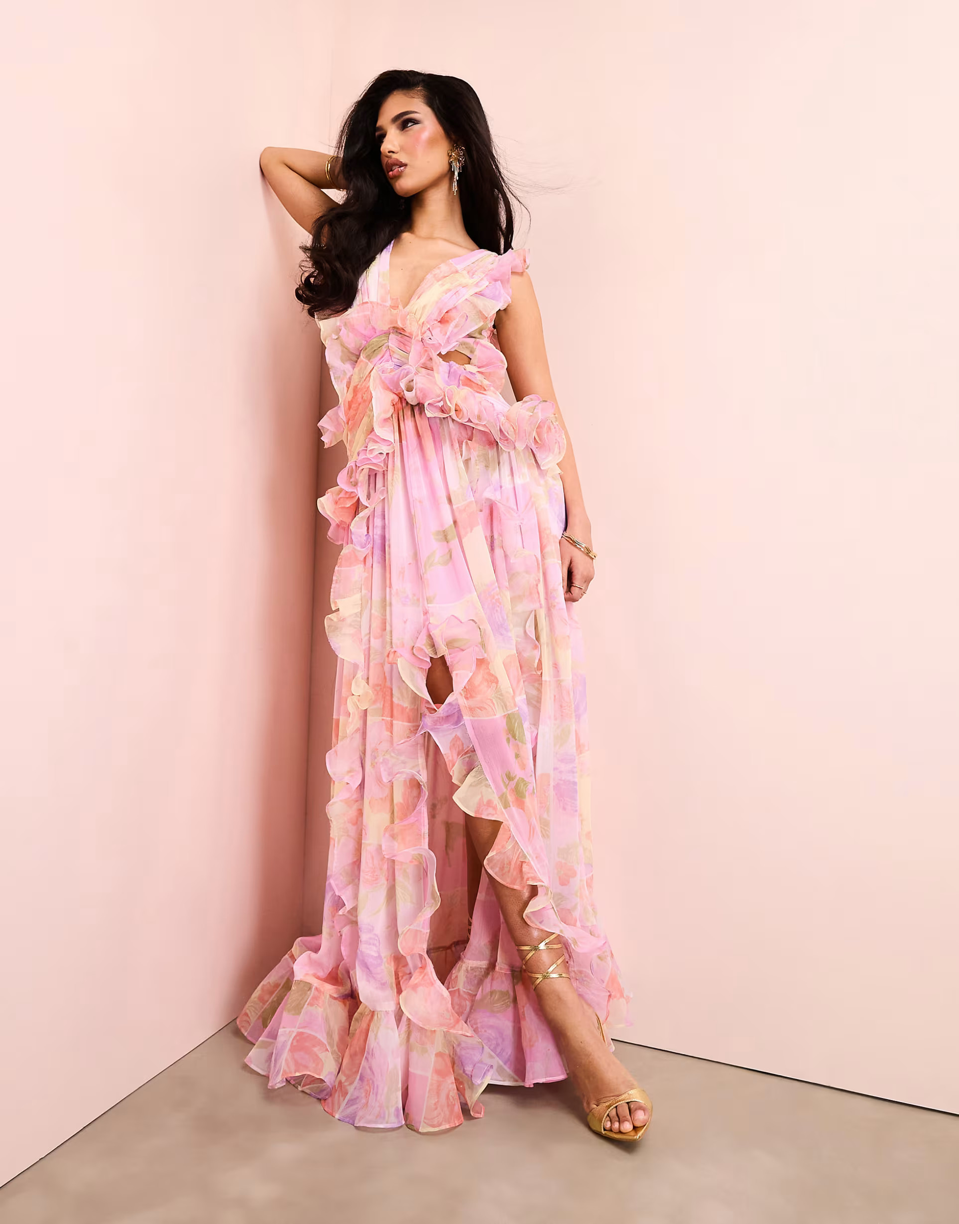 ASOS LUXE plunge maxi dress with ruched chiffon detail & open back in pink floral print | ASOS (Global)