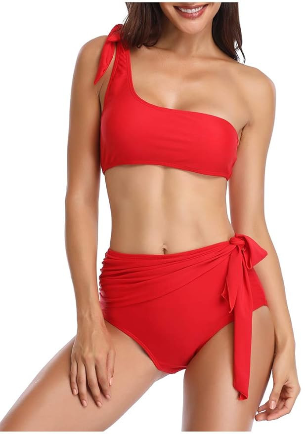 Durcoo Womens Sexy One Shoulder Bikini Sets High Waisted Tie Swimsuits Padded | Amazon (US)